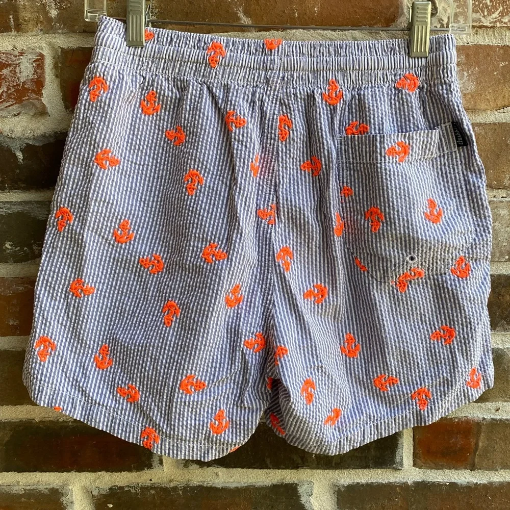 Chubbies Blue Seersucker 5.5” Inseam Swim Trunks with Orange Anchors, Size Small